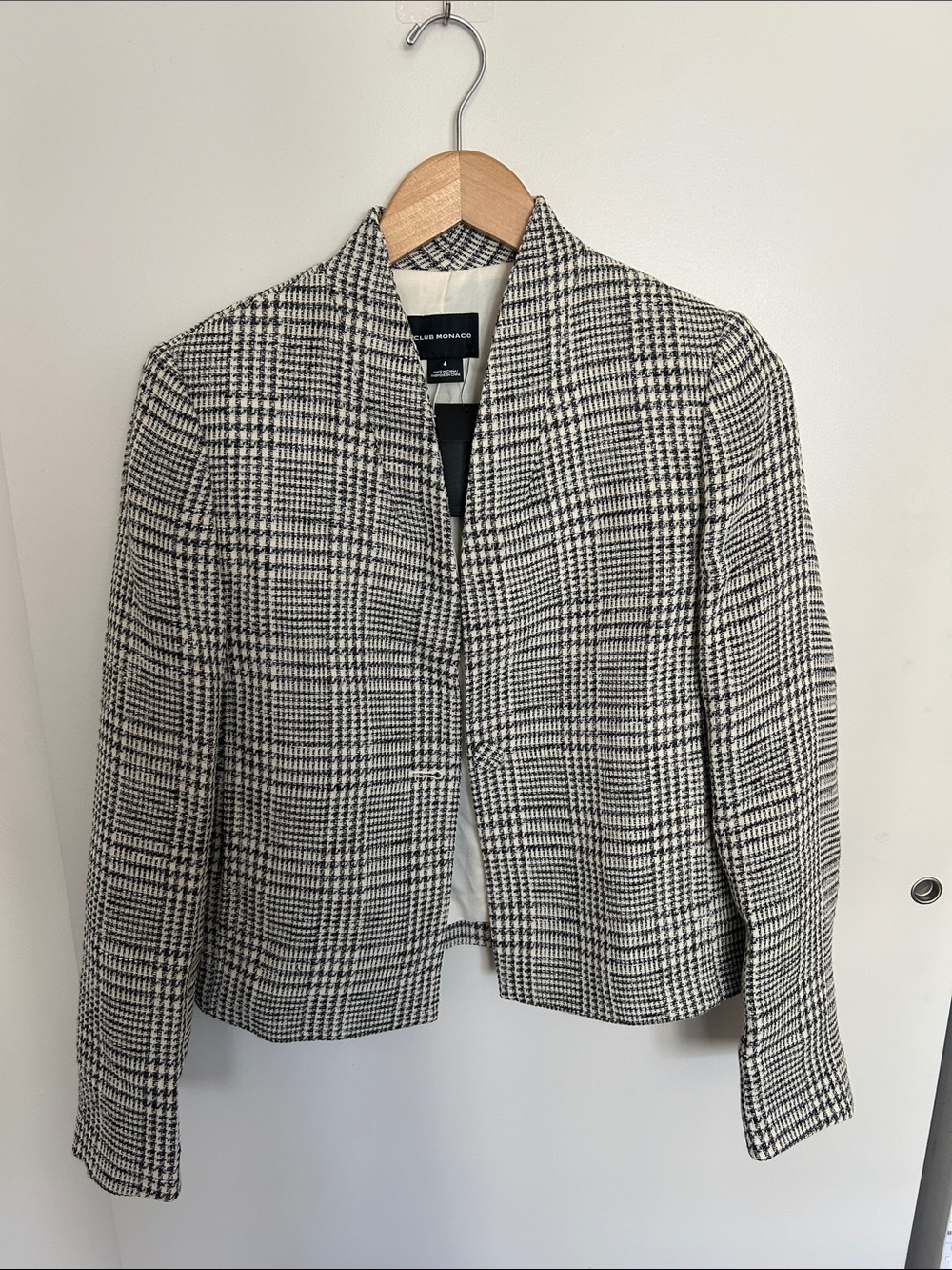 Club Monaco Black & White Glen Plaid Collarless Blazer